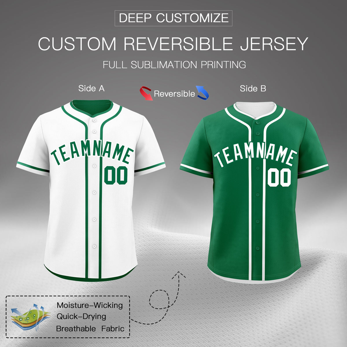 Custom Kelly Green White Reversible Classic Style Lightweight Baseball Jersey| KXKSHOP