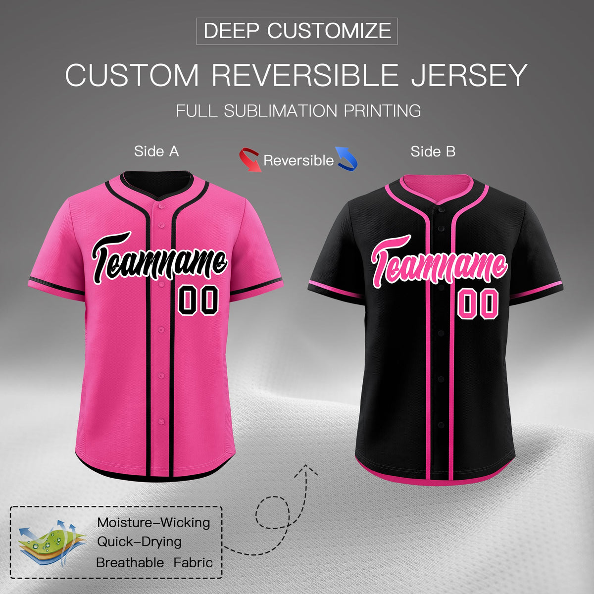 Custom Black Pink Reversible Classic Style Lightweight Baseball Jersey| KXKSHOP