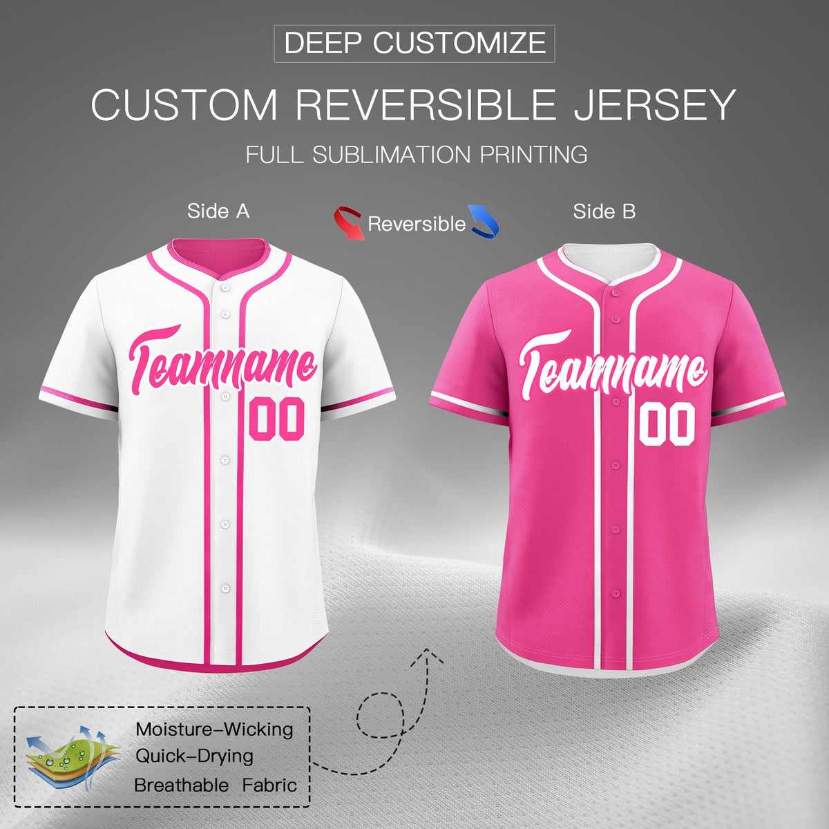 Custom Pink White Reversible Classic Style Moisture-Wicking Baseball Jersey| KXKSHOP