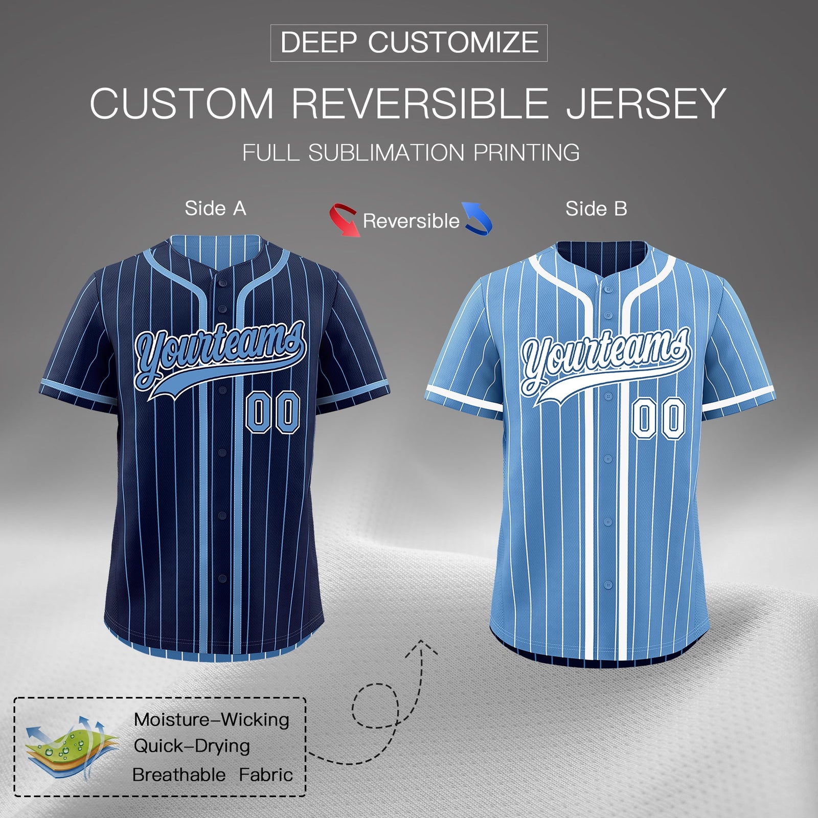Custom Navy Light Blue Reversible Stripe Fashion Breathable Baseball Jersey| KXKSHOP