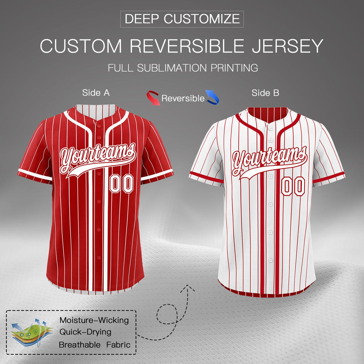 Custom Red White Reversible Stripe Fashion Breathable Baseball Jersey| KXKSHOP