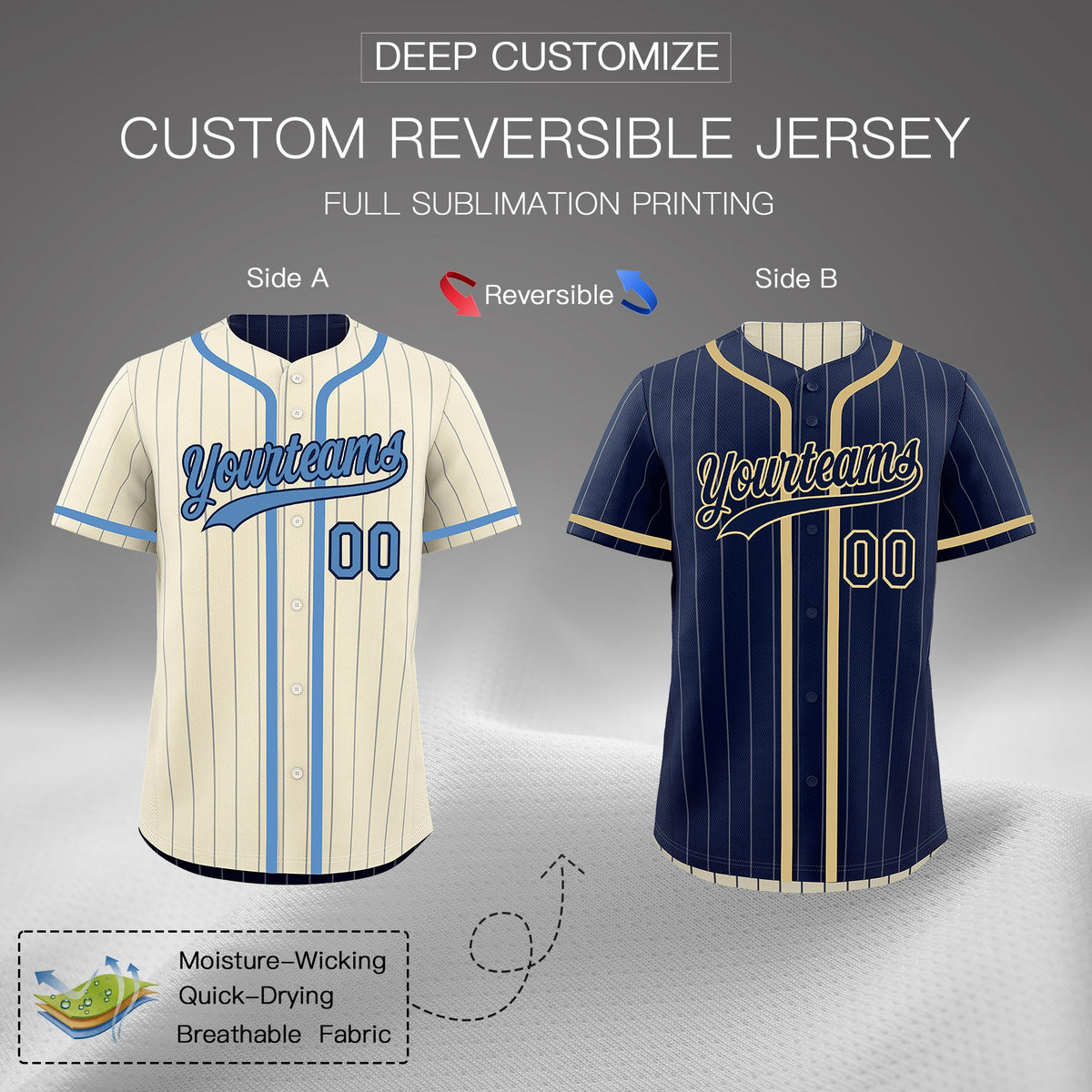 Custom Cream Navy Reversible Stripe Fashion Breathable Baseball Jersey| KXKSHOP