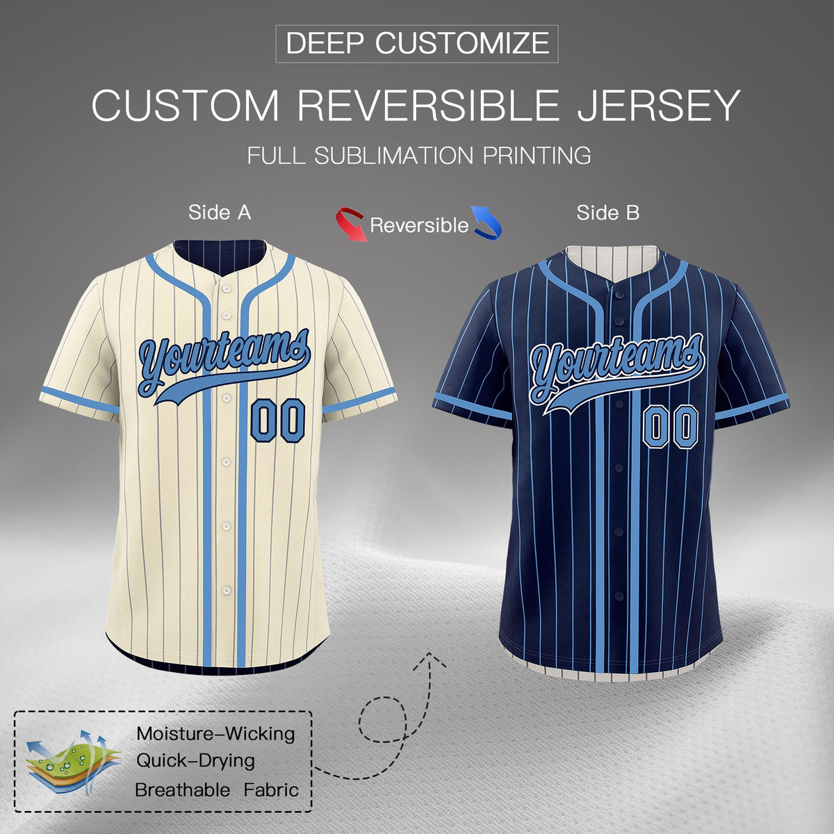 Custom Cream Navy Reversible Stripe Fashion Breathable Baseball Jersey| KXKSHOP