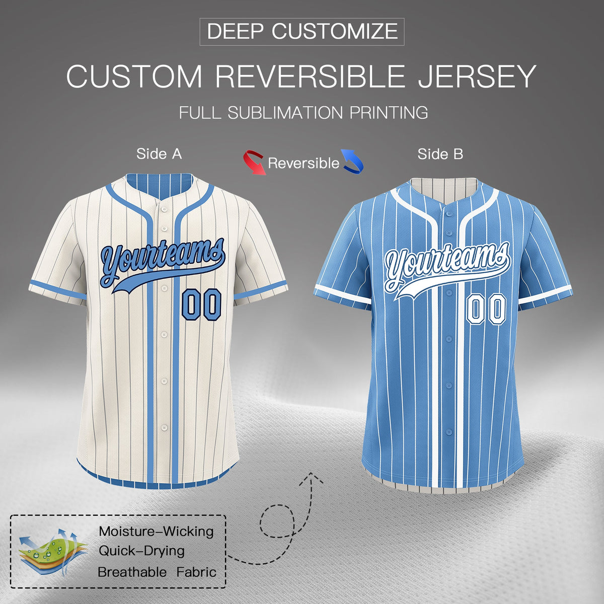 Custom Cream Light Blue Reversible Stripe Fashion Lightweight Baseball Jersey| KXKSHOP