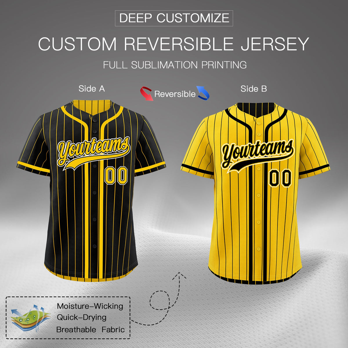 Custom Black Yellow Reversible Stripe Fashion Breathable Baseball Jersey| KXKSHOP