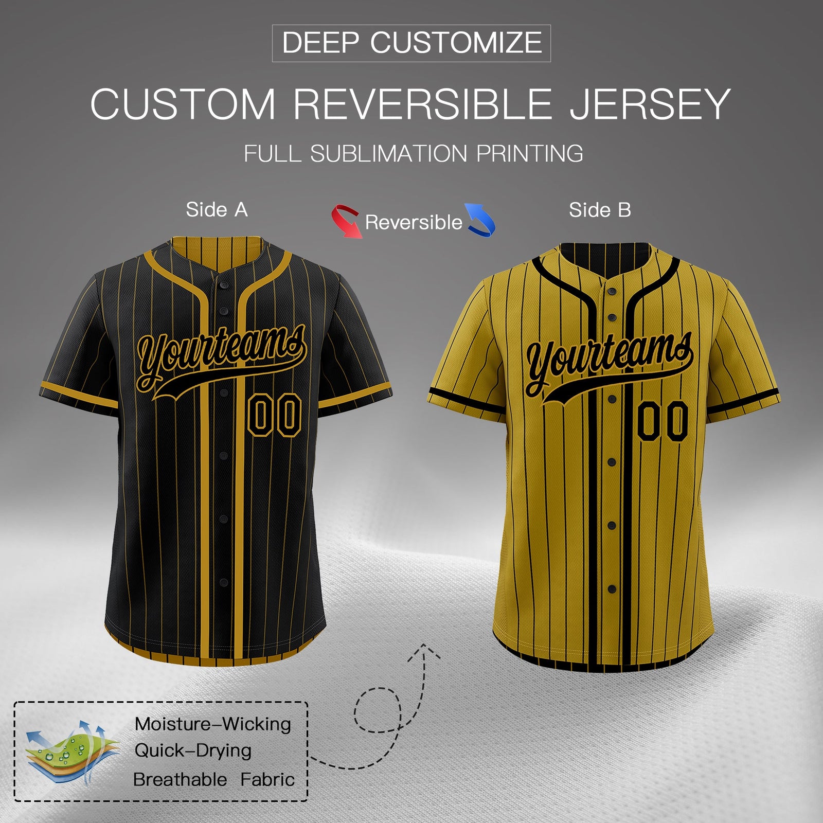 Custom Black Old Gold Reversible Stripe Fashion Breathable Baseball Jersey| KXKSHOP