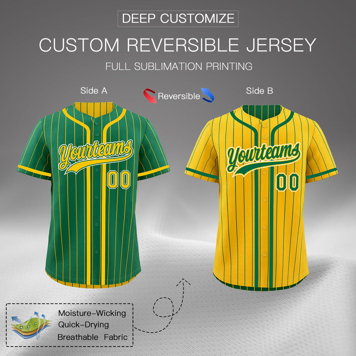 Custom Kelly Green Yellow Reversible Stripe Fashion Lightweight Baseball Jersey| KXKSHOP