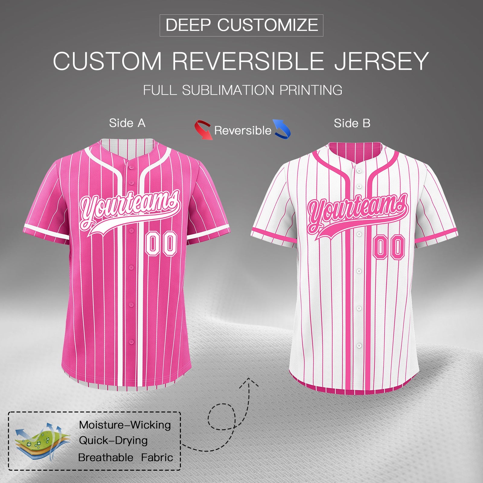 Custom Pink White Reversible Stripe Fashion Breathable Baseball Jersey| KXKSHOP