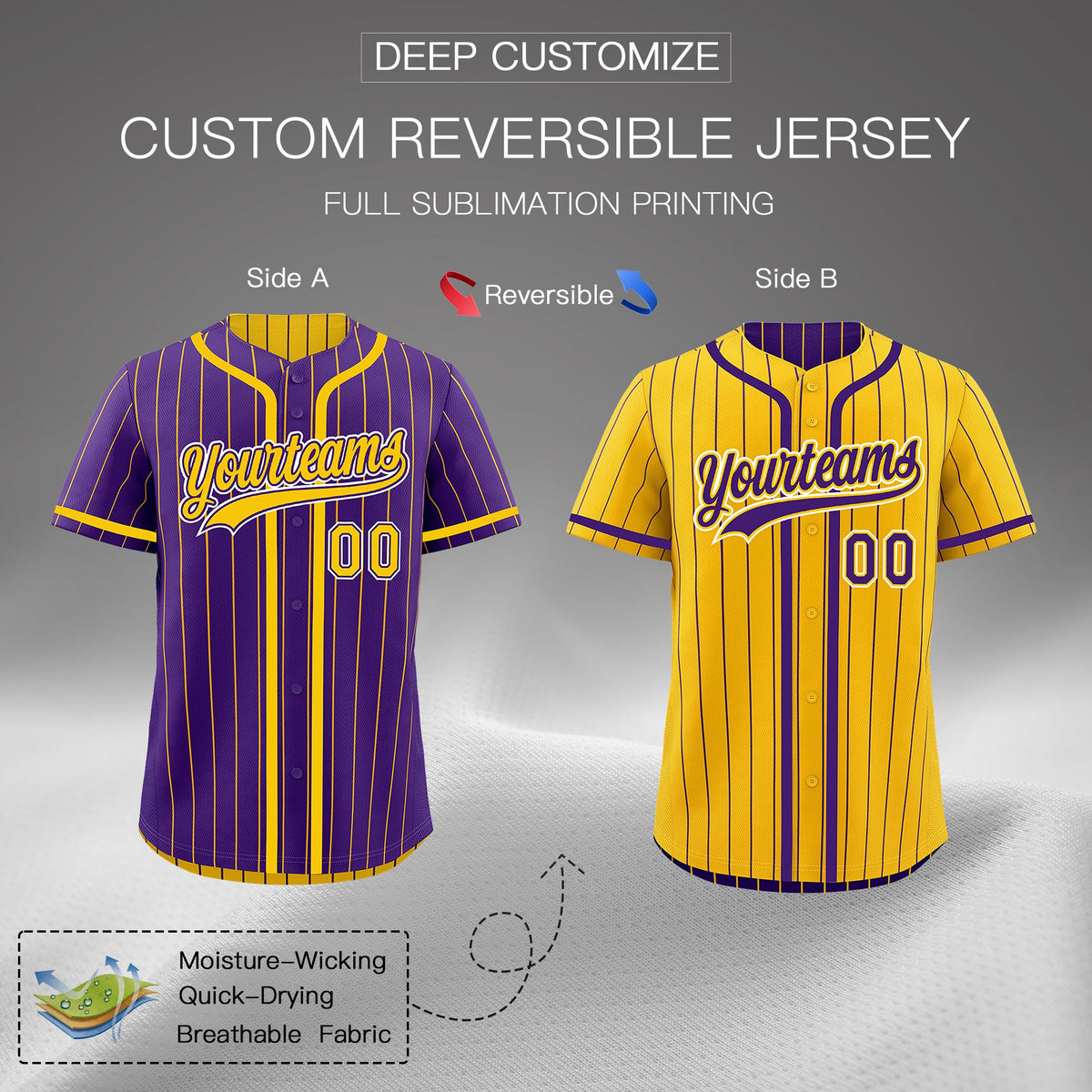 Custom Purple Yellow Reversible Stripe Fashion Lightweight Baseball Jersey| KXKSHOP