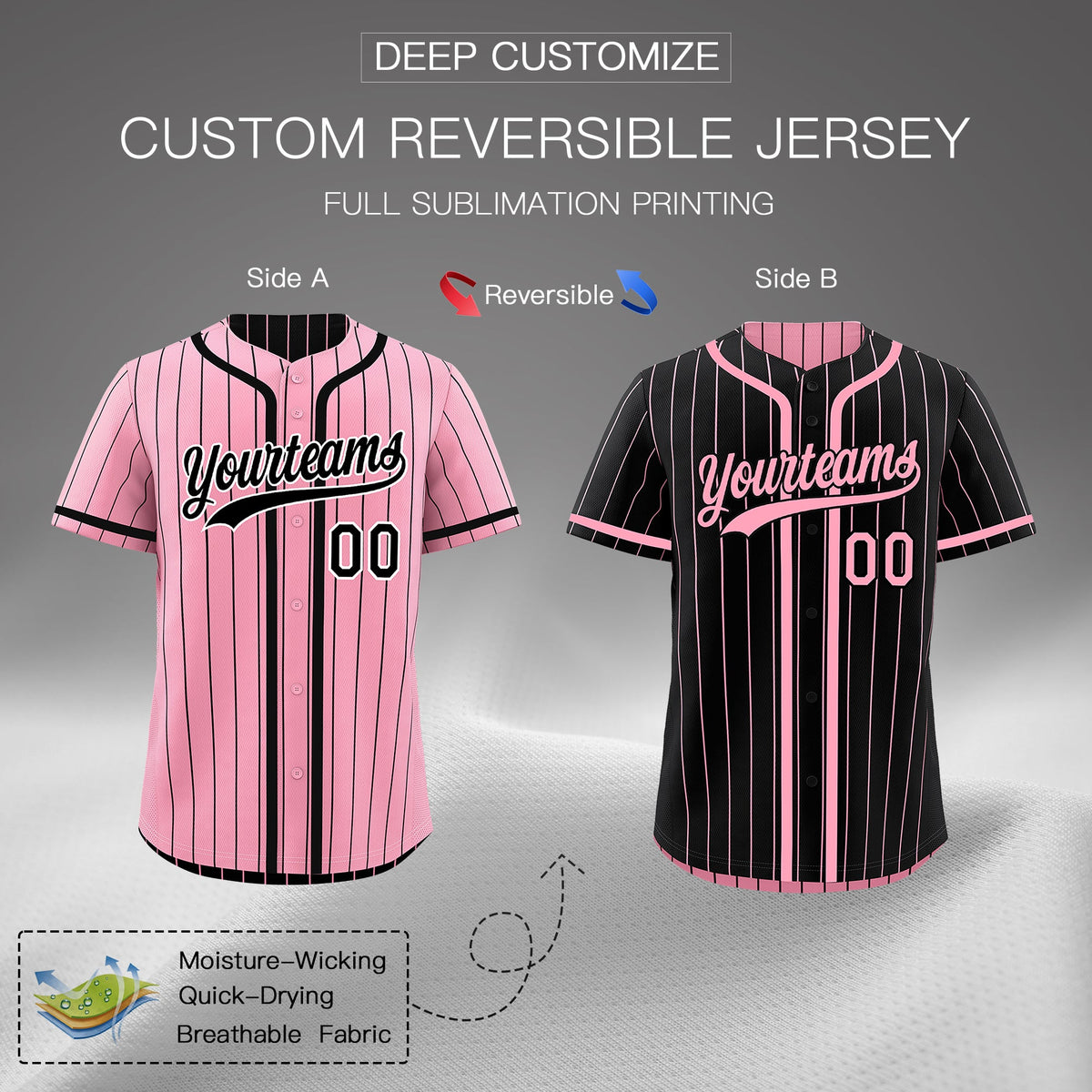 Custom Light Pink Black Reversible Stripe Fashion Breathable Baseball Jersey| KXKSHOP