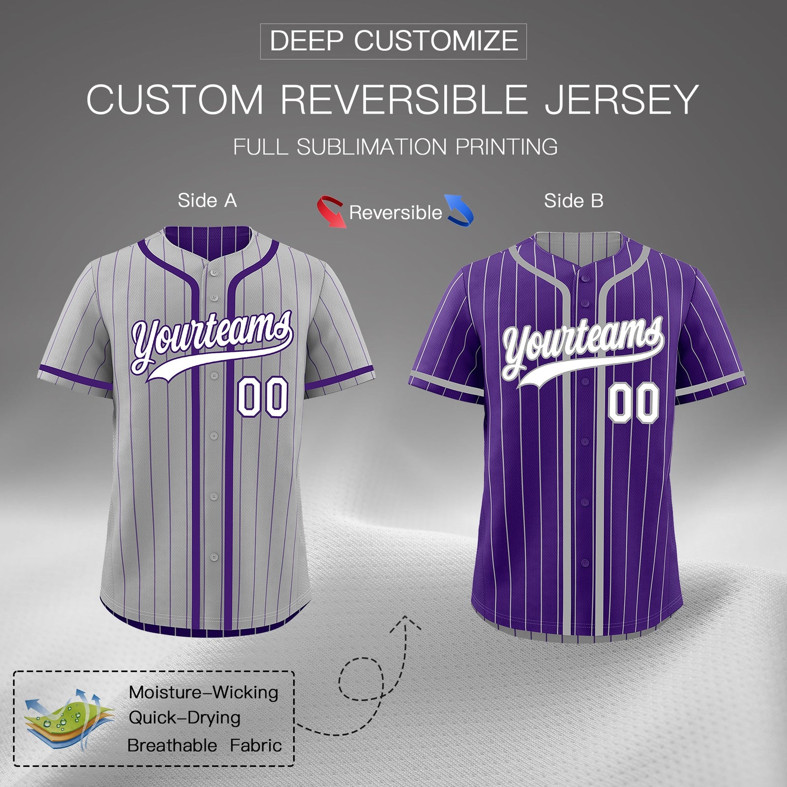 Custom Gray Purple Reversible Stripe Fashion Lightweight Baseball Jersey| KXKSHOP