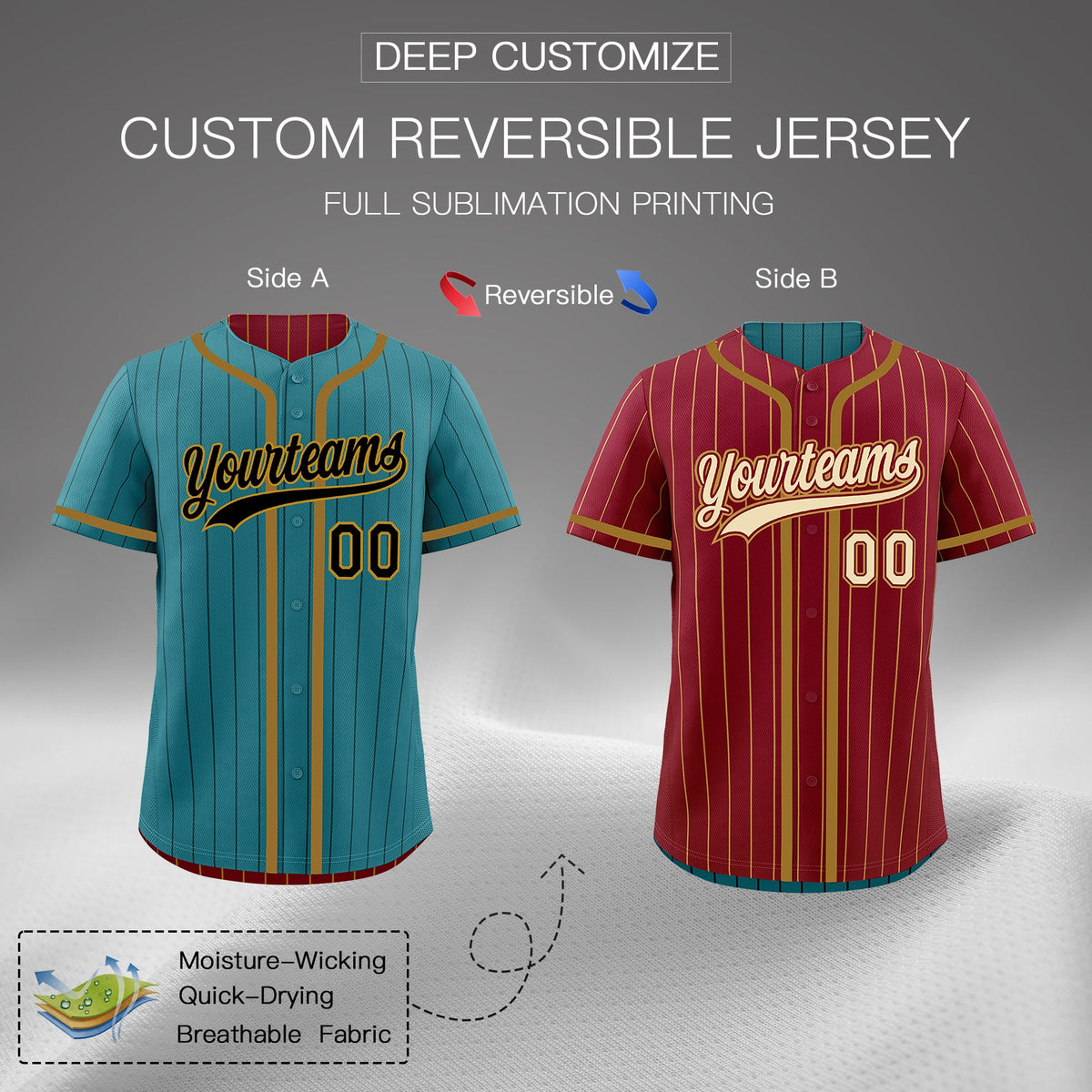 Custom Teal Crimson Reversible Stripe Fashion Breathable Baseball Jersey| KXKSHOP
