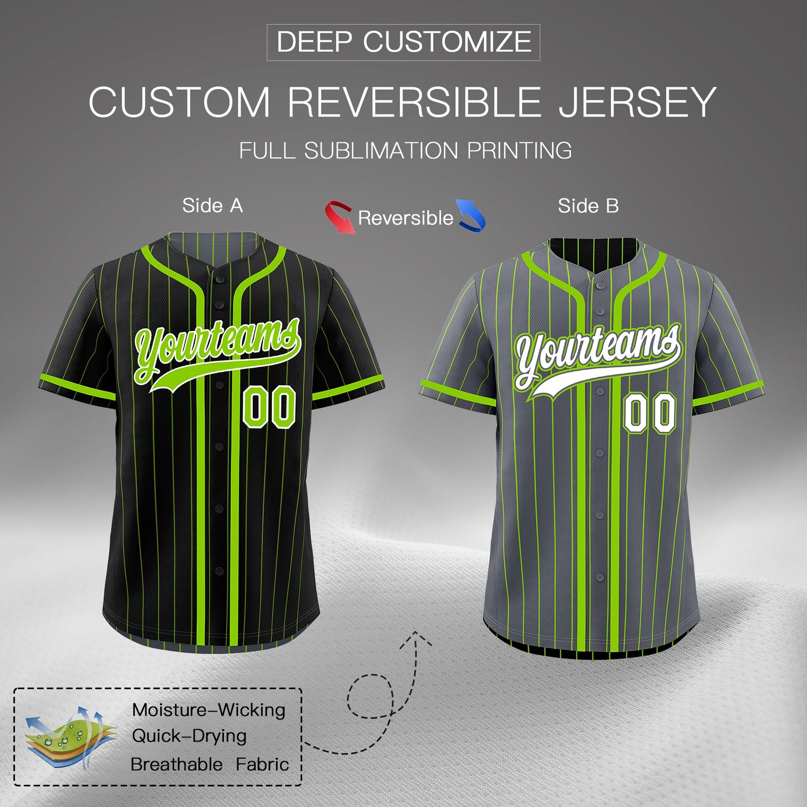 Custom Black Neon Green Reversible Stripe Fashion Lightweight Baseball Jersey| KXKSHOP