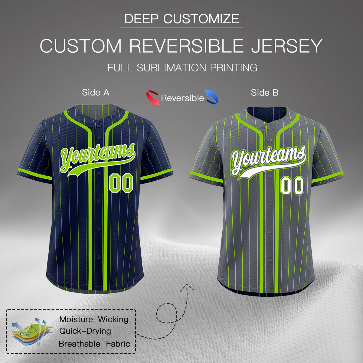 Custom Navy Neon Green Reversible Stripe Fashion Breathable Baseball Jersey| KXKSHOP
