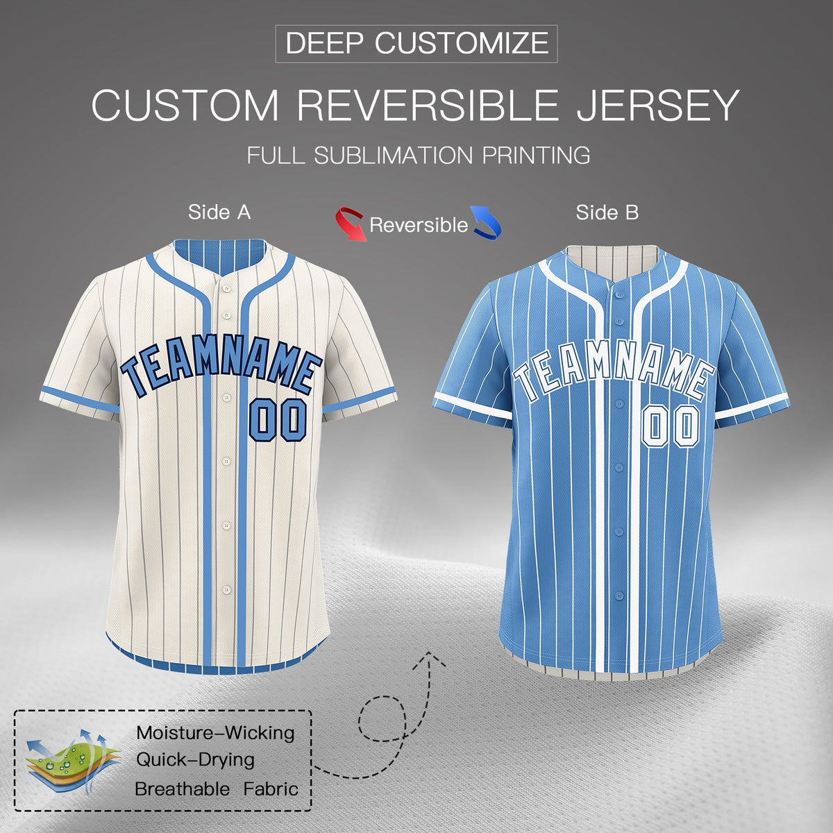Custom Cream Light Blue Reversible Stripe Fashion Lightweight Baseball Jersey| KXKSHOP