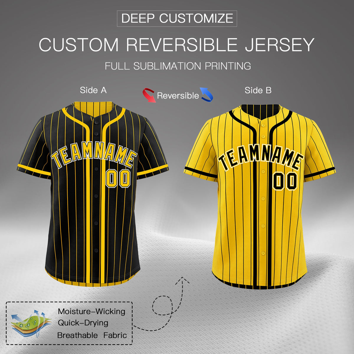 Custom Black Yellow Reversible Stripe Fashion Breathable Baseball Jersey| KXKSHOP