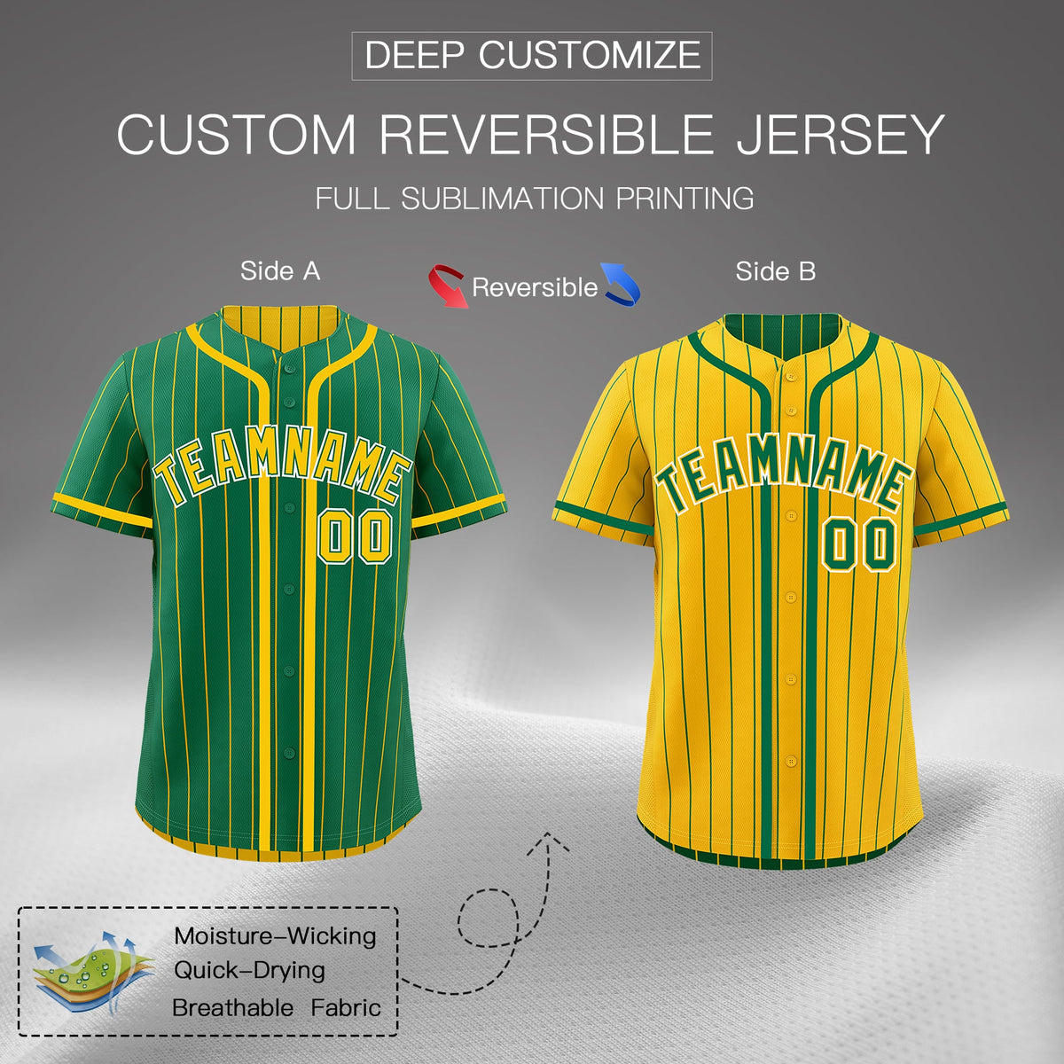 Custom Kelly Green Yellow Reversible Stripe Fashion Lightweight Baseball Jersey| KXKSHOP