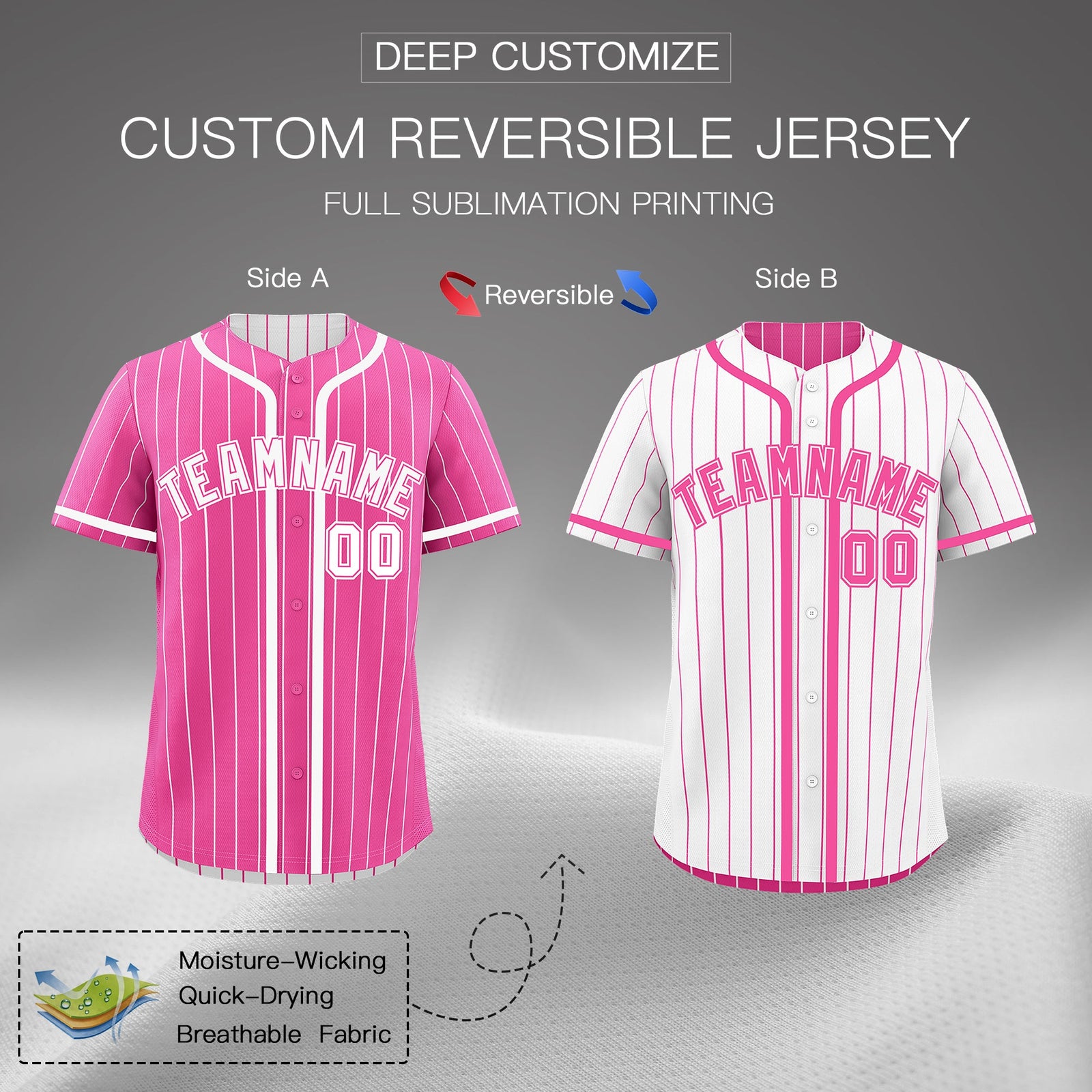 Custom Pink White Reversible Stripe Fashion Breathable Baseball Jersey| KXKSHOP