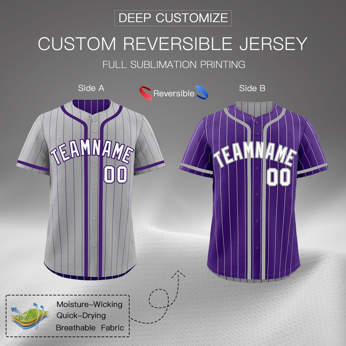 Custom Gray Purple Reversible Stripe Fashion Lightweight Baseball Jersey| KXKSHOP