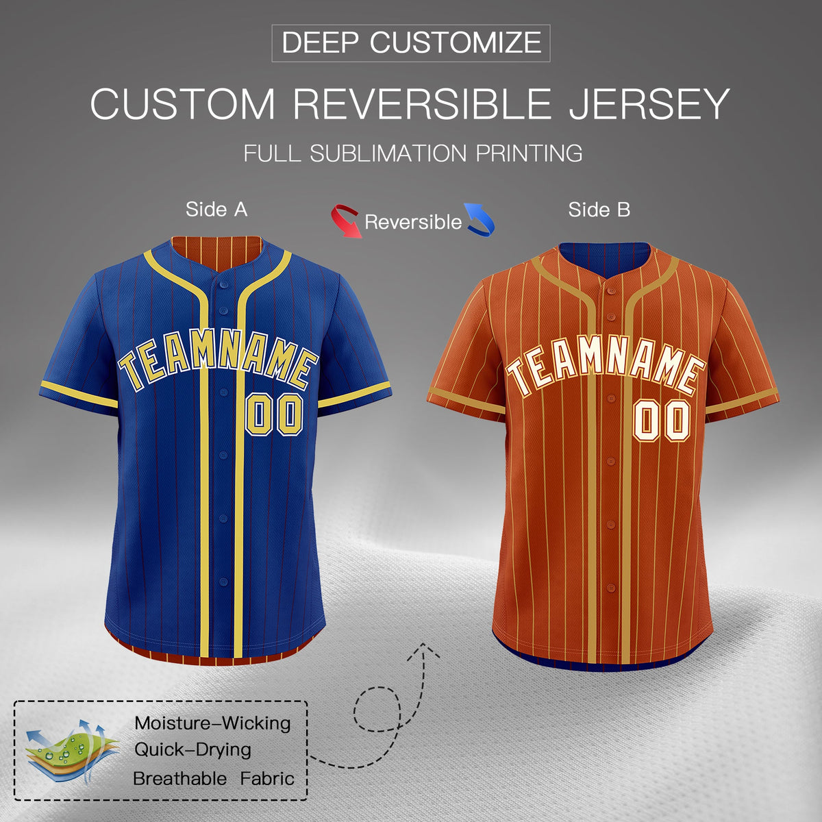 Custom Royal Blue Dark Orange Reversible Stripe Fashion Lightweight Baseball Jersey| KXKSHOP