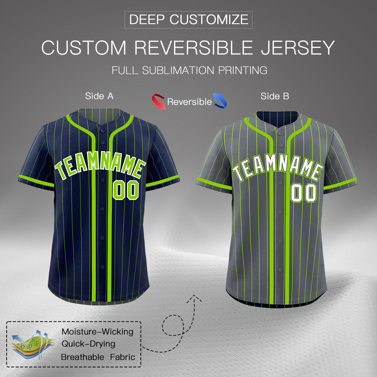 Custom Navy Neon Green Reversible Stripe Fashion Breathable Baseball Jersey| KXKSHOP