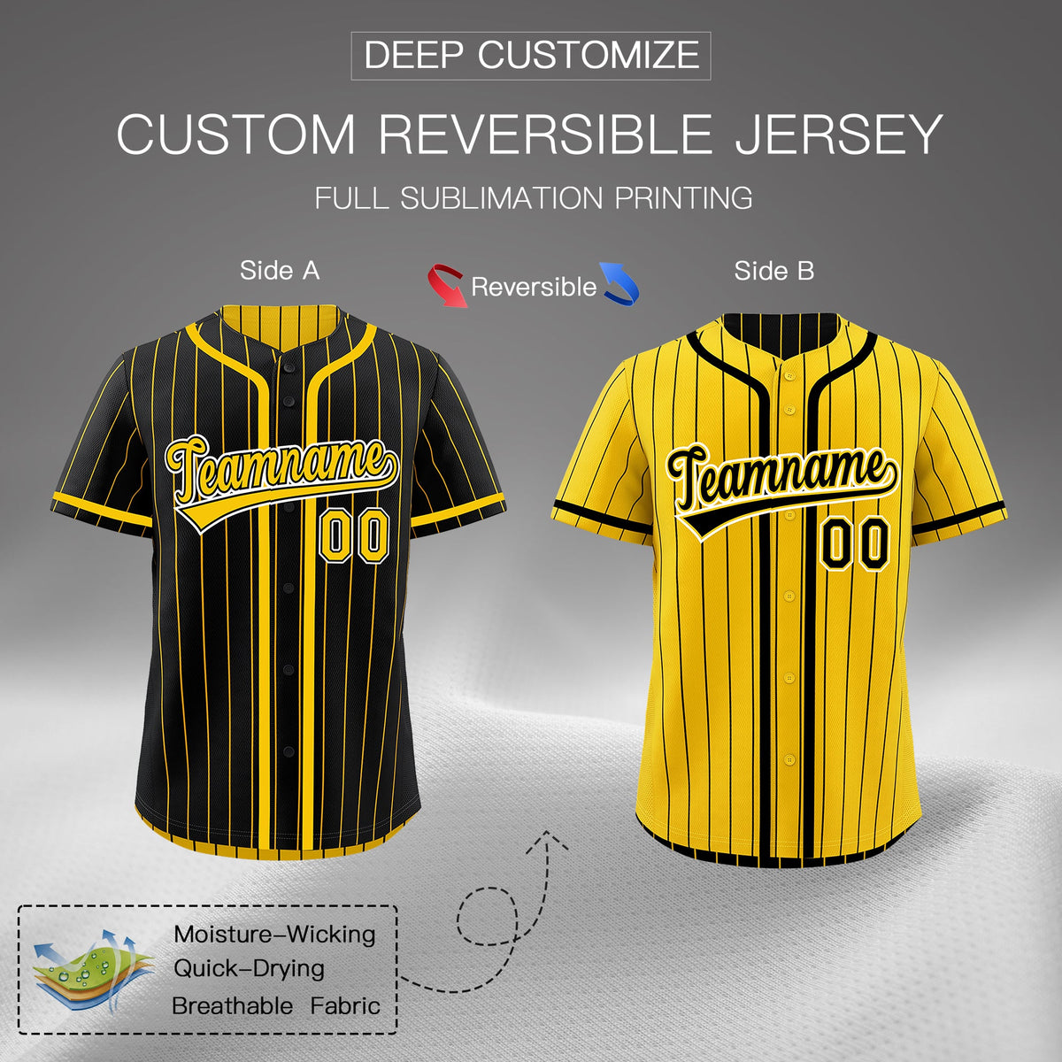 Custom Black Yellow Reversible Stripe Fashion Breathable Baseball Jersey| KXKSHOP