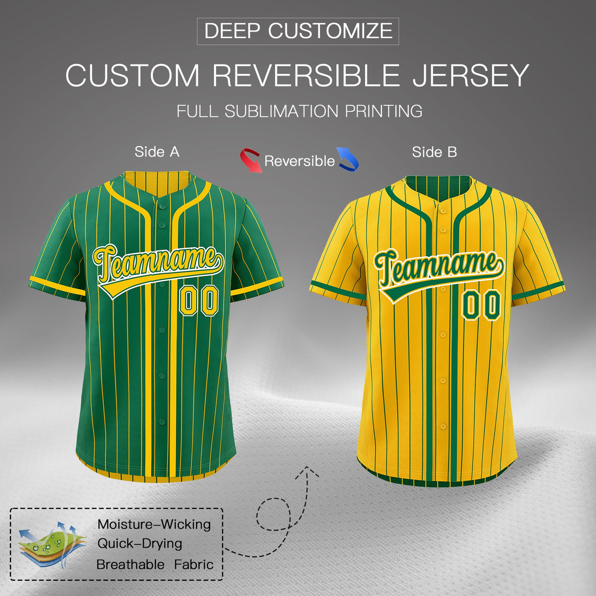 Custom Kelly Green Yellow Reversible Stripe Fashion Lightweight Baseball Jersey| KXKSHOP