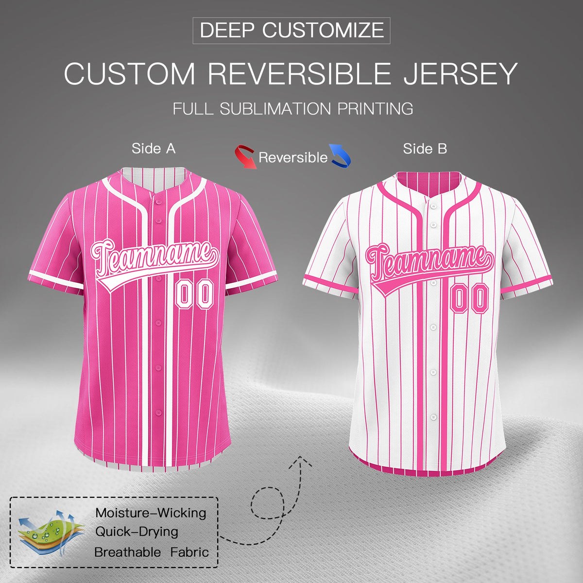 Custom Pink White Reversible Stripe Fashion Breathable Baseball Jersey| KXKSHOP