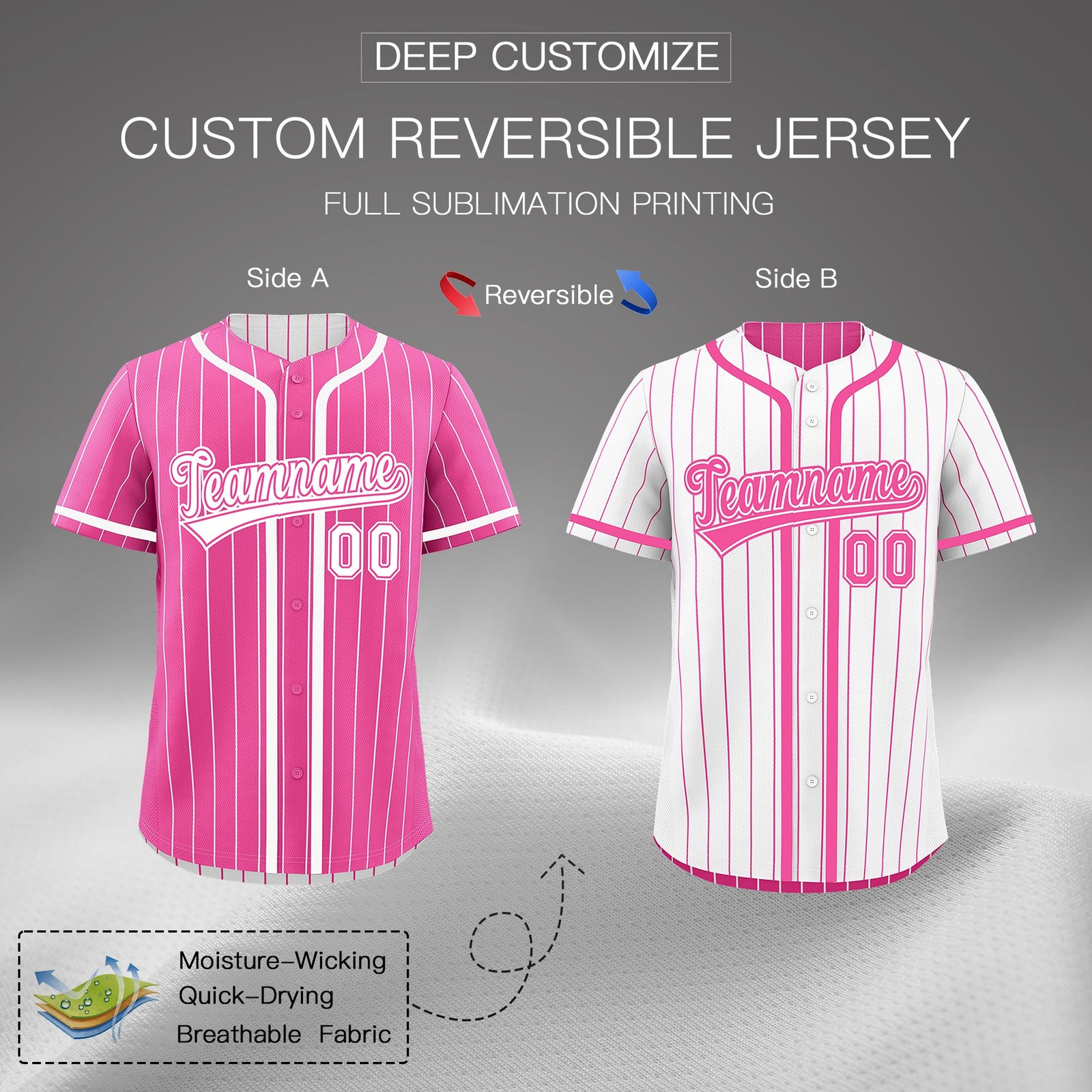 Custom Pink White Reversible Stripe Fashion Breathable Baseball Jersey| KXKSHOP