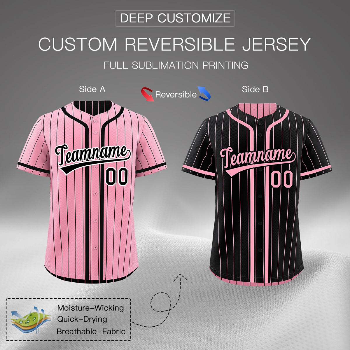 Custom Light Pink Black Reversible Stripe Fashion Breathable Baseball Jersey| KXKSHOP