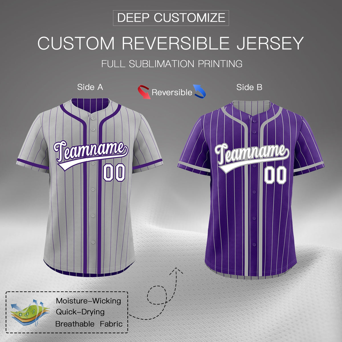 Custom Gray Purple Reversible Stripe Fashion Lightweight Baseball Jersey| KXKSHOP