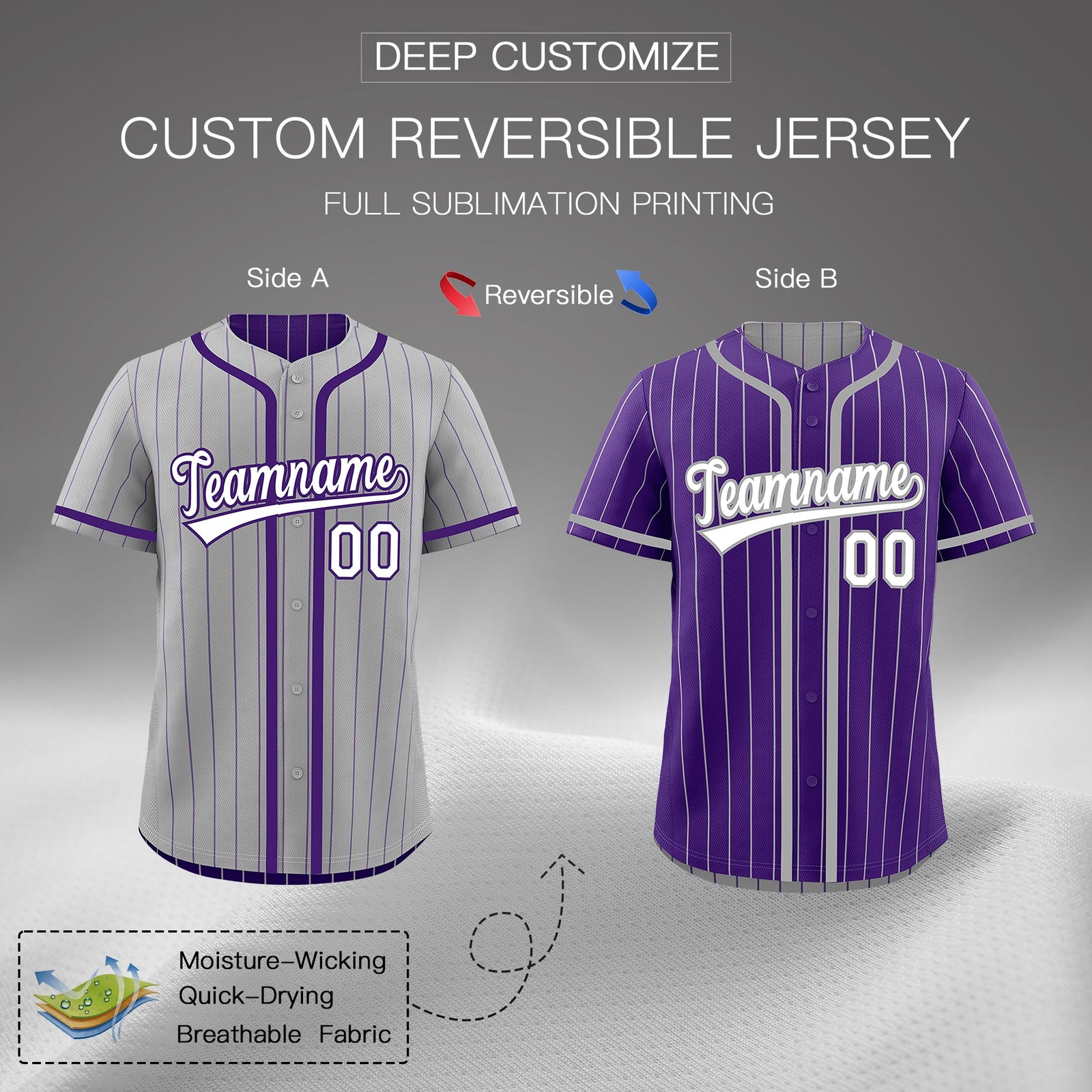 Custom Gray Purple Reversible Stripe Fashion Lightweight Baseball Jersey| KXKSHOP
