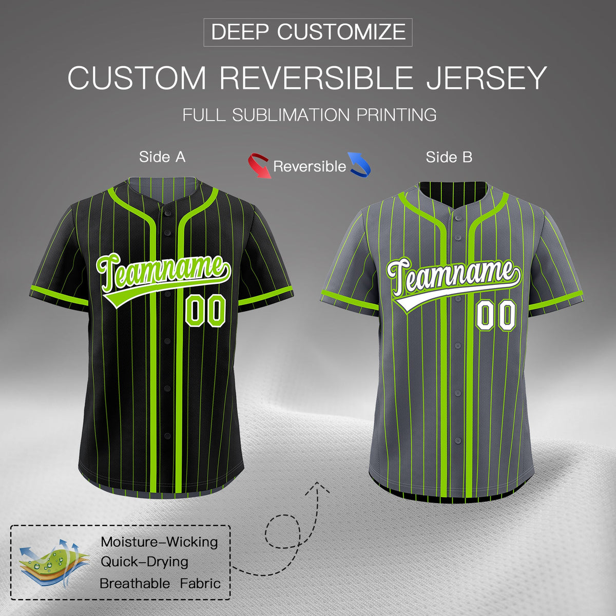 Custom Black Neon Green Reversible Stripe Fashion Lightweight Baseball Jersey| KXKSHOP