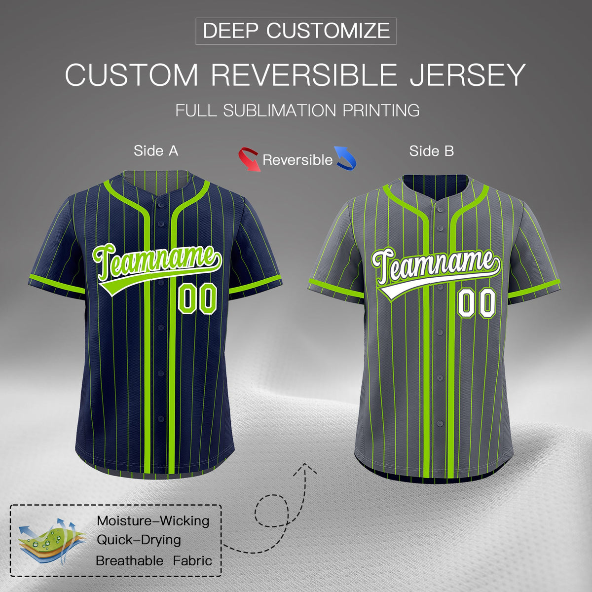 Custom Navy Neon Green Reversible Stripe Fashion Breathable Baseball Jersey| KXKSHOP