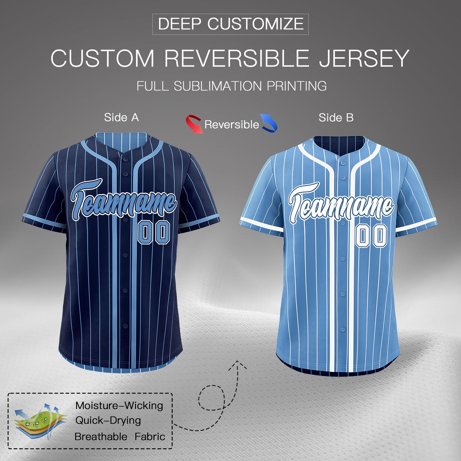 Custom Navy Light Blue Reversible Stripe Fashion Breathable Baseball Jersey| KXKSHOP