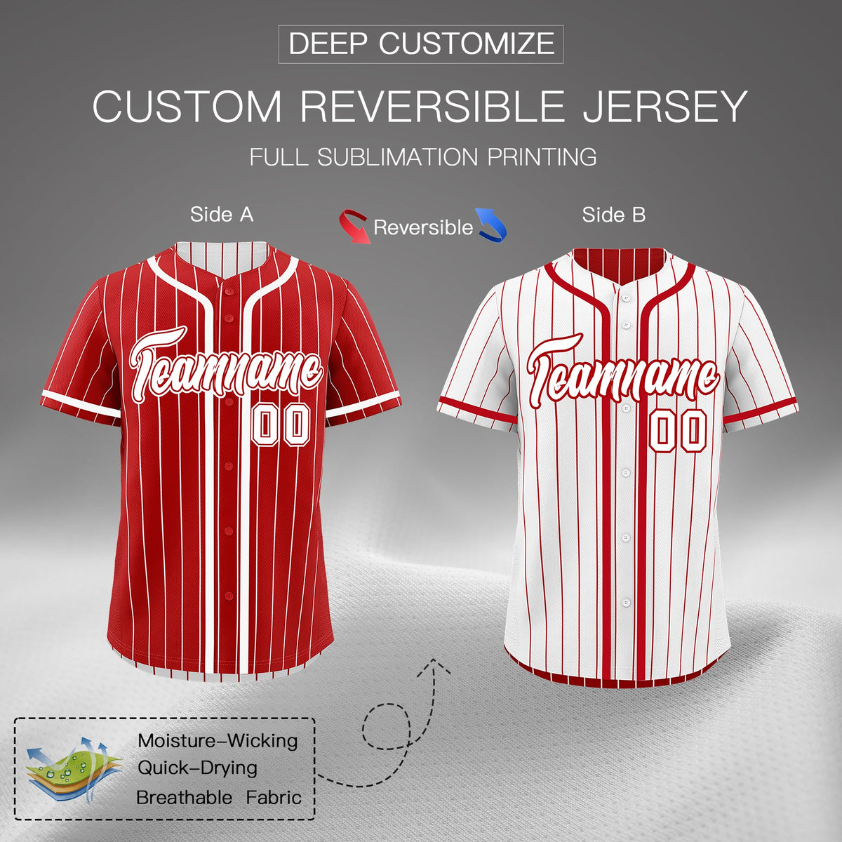Custom Red White Reversible Stripe Fashion Breathable Baseball Jersey| KXKSHOP