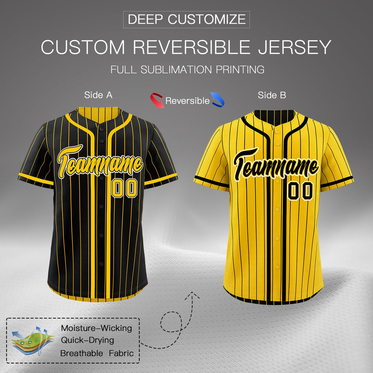 Custom Black Yellow Reversible Stripe Fashion Breathable Baseball Jersey| KXKSHOP