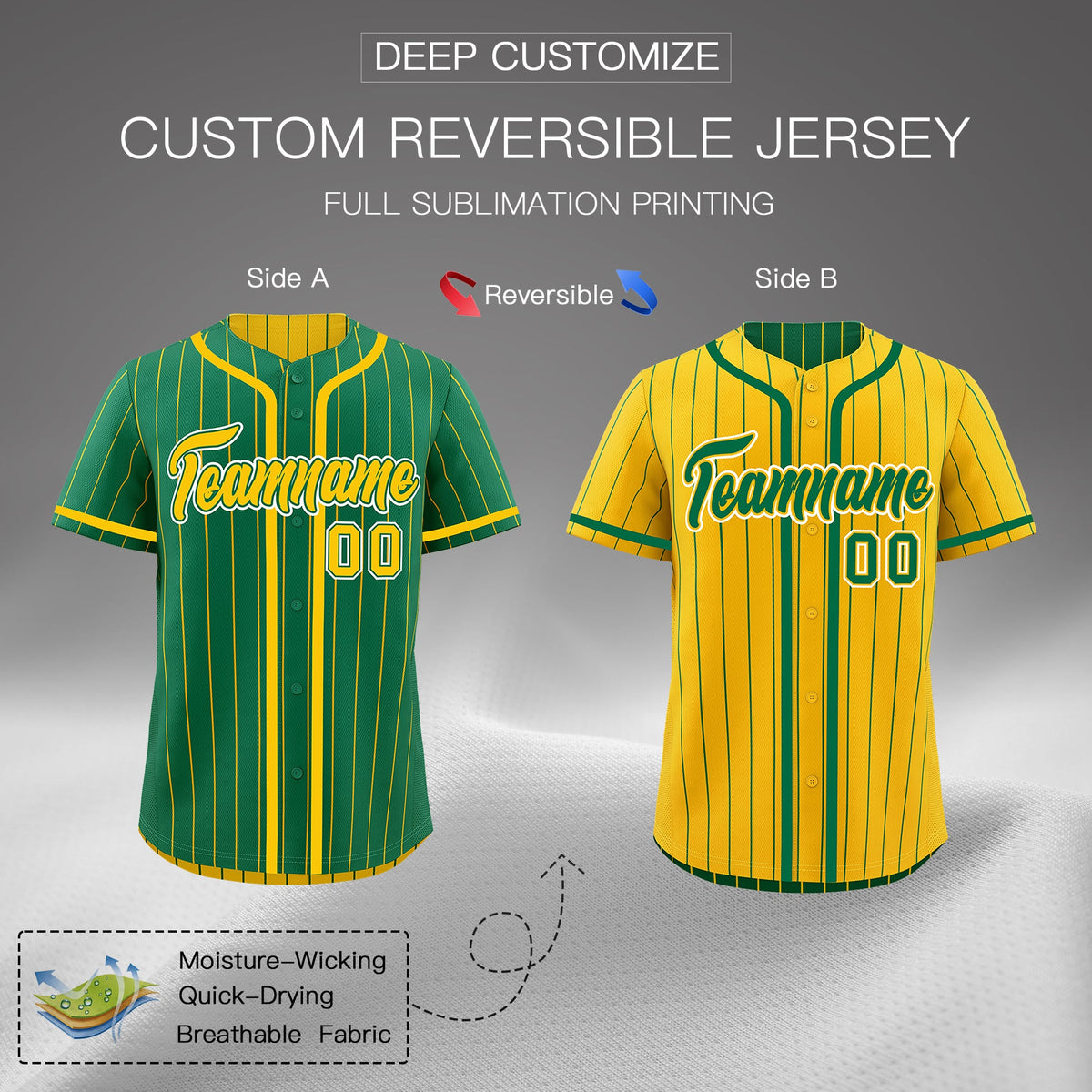 Custom Kelly Green Yellow Reversible Stripe Fashion Lightweight Baseball Jersey| KXKSHOP