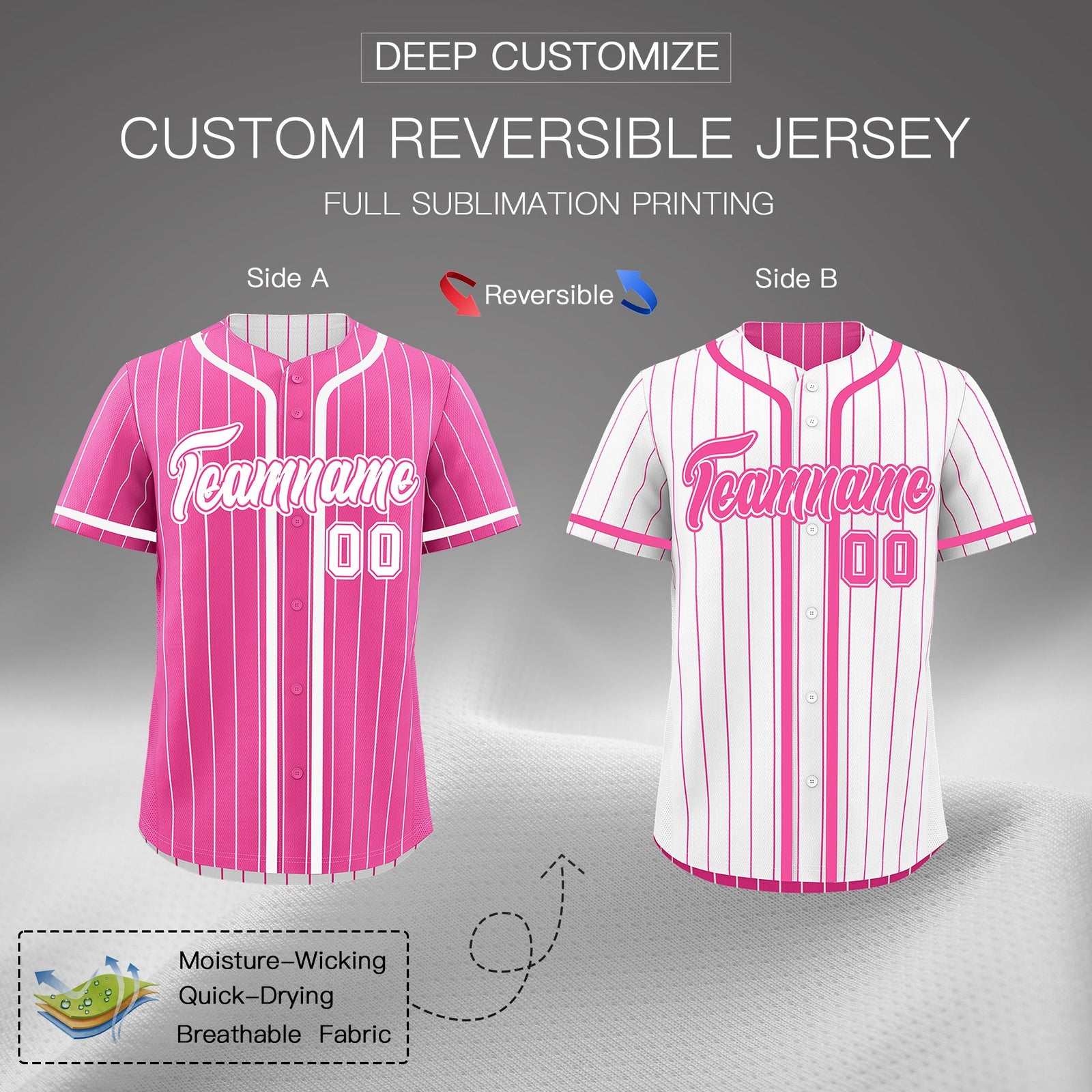 Custom Pink White Reversible Stripe Fashion Breathable Baseball Jersey| KXKSHOP