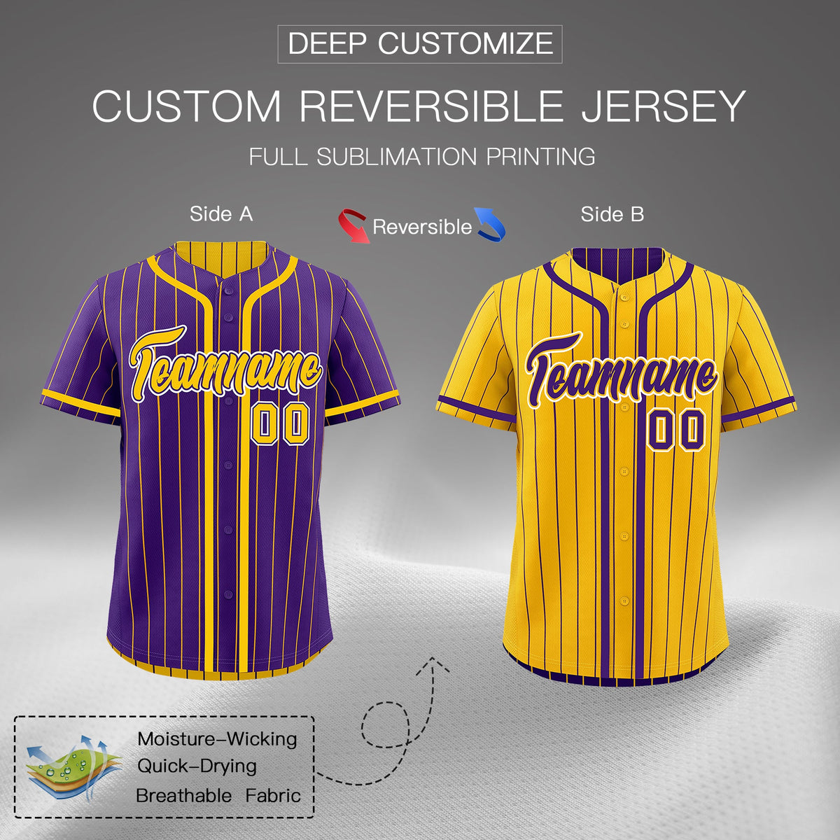 Custom Purple Yellow Reversible Stripe Fashion Lightweight Baseball Jersey| KXKSHOP