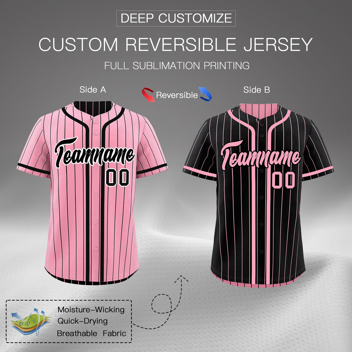 Custom Light Pink Black Reversible Stripe Fashion Breathable Baseball Jersey| KXKSHOP
