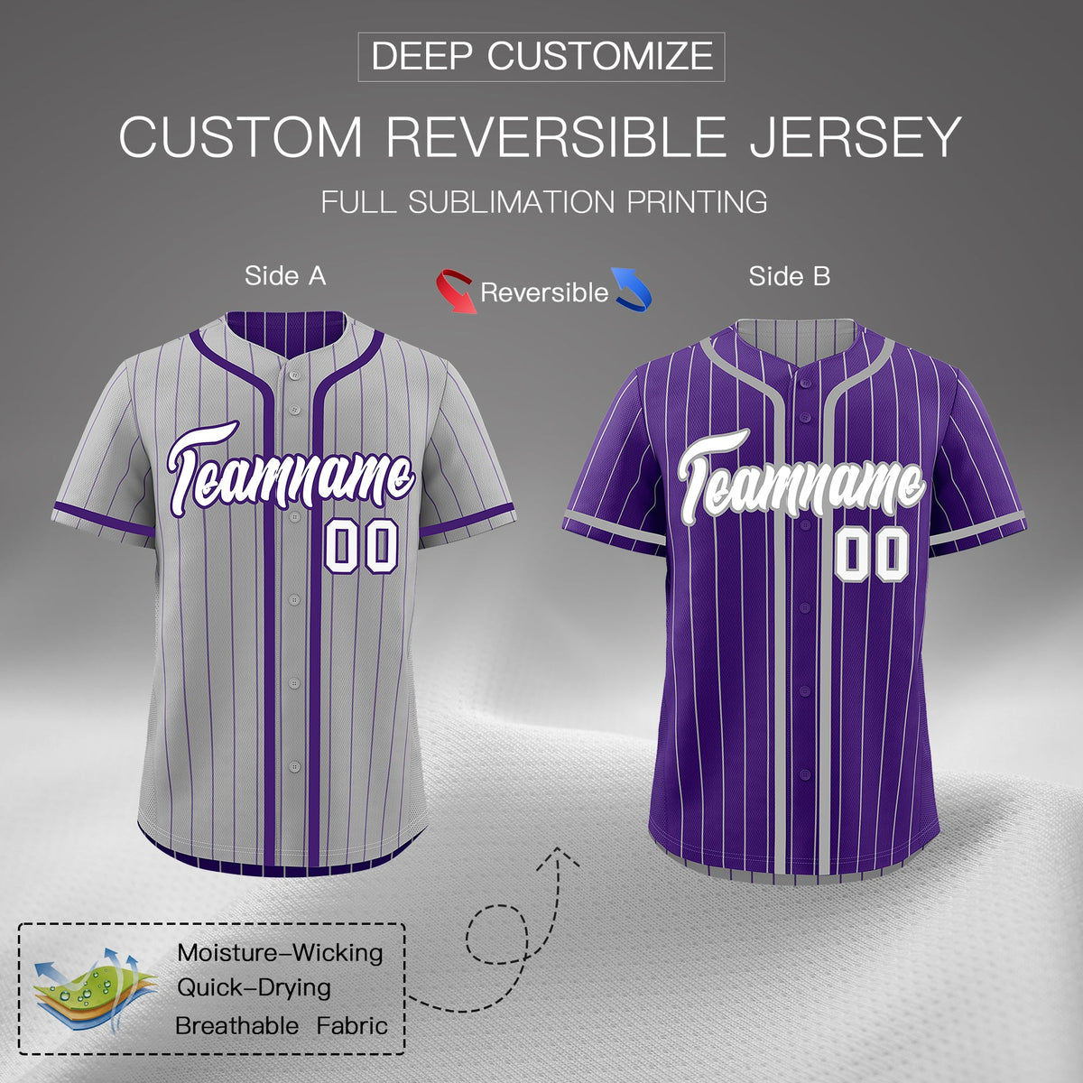 Custom Gray Purple Reversible Stripe Fashion Lightweight Baseball Jersey| KXKSHOP
