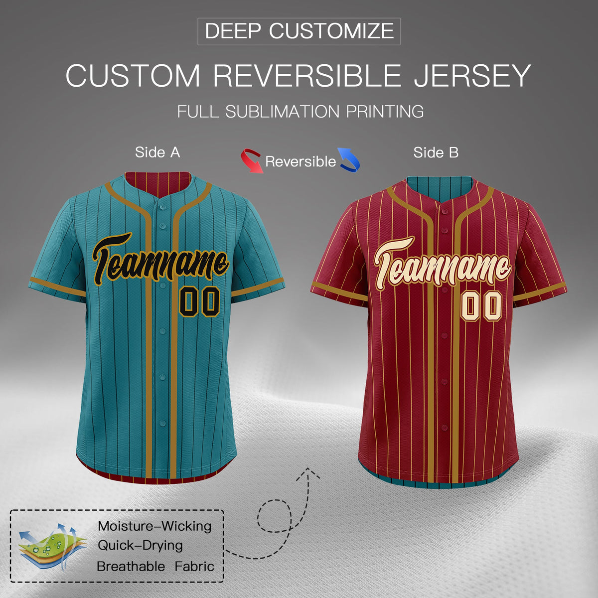 Custom Teal Crimson Reversible Stripe Fashion Breathable Baseball Jersey| KXKSHOP