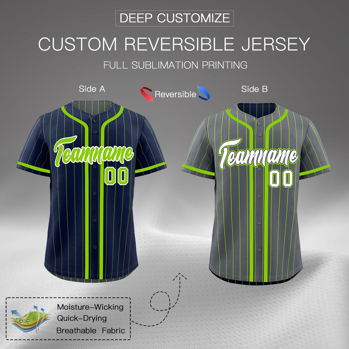Custom Navy Neon Green Reversible Stripe Fashion Breathable Baseball Jersey| KXKSHOP