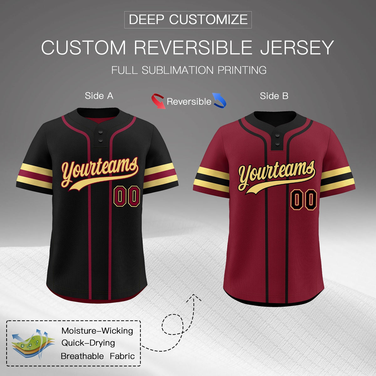 Custom Khaki Crimson Black Reversible Classic Style Two-Button Baseball Jersey| KXKSHOP