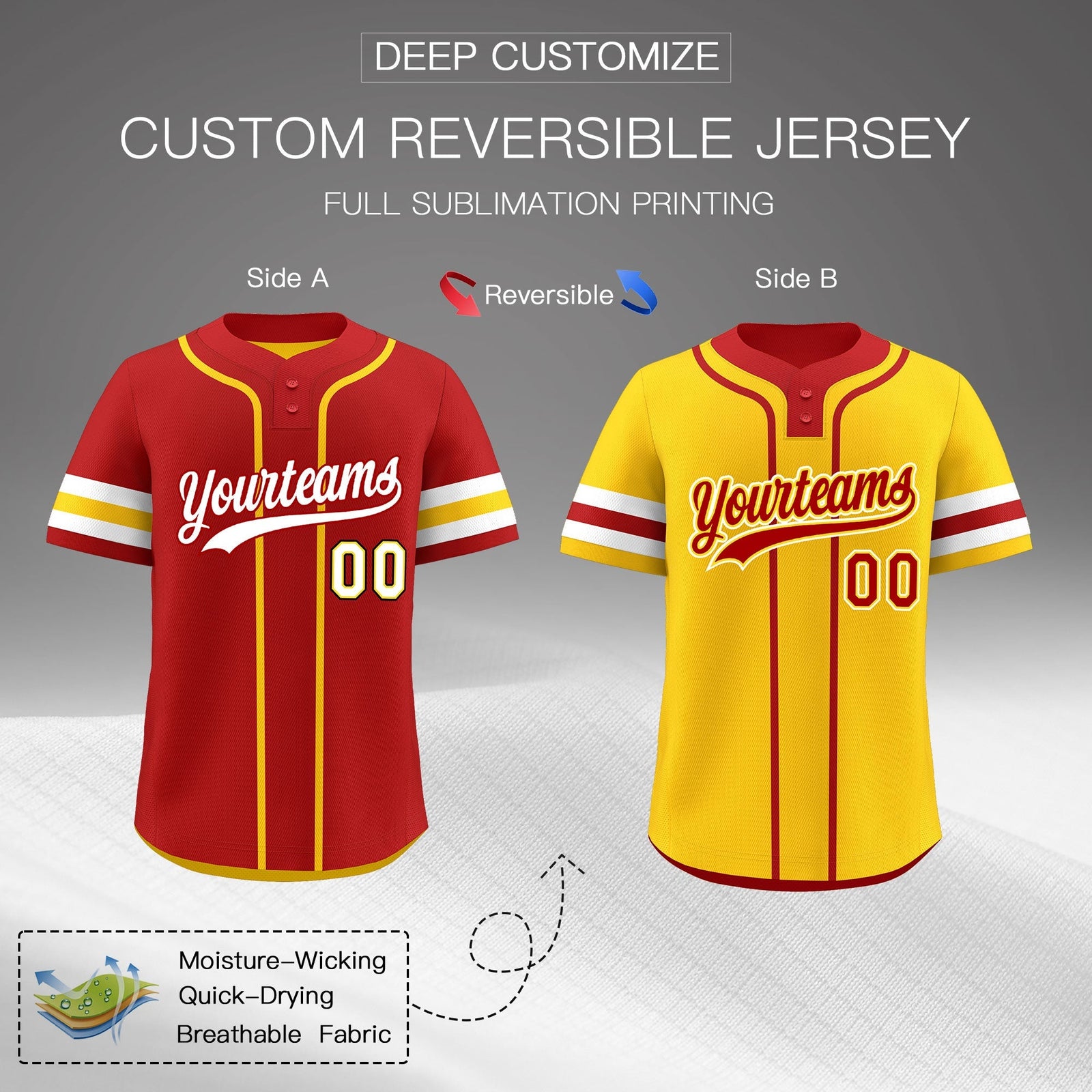 Custom White Gold Red Reversible Classic Style Two-Button Baseball Jersey| KXKSHOP