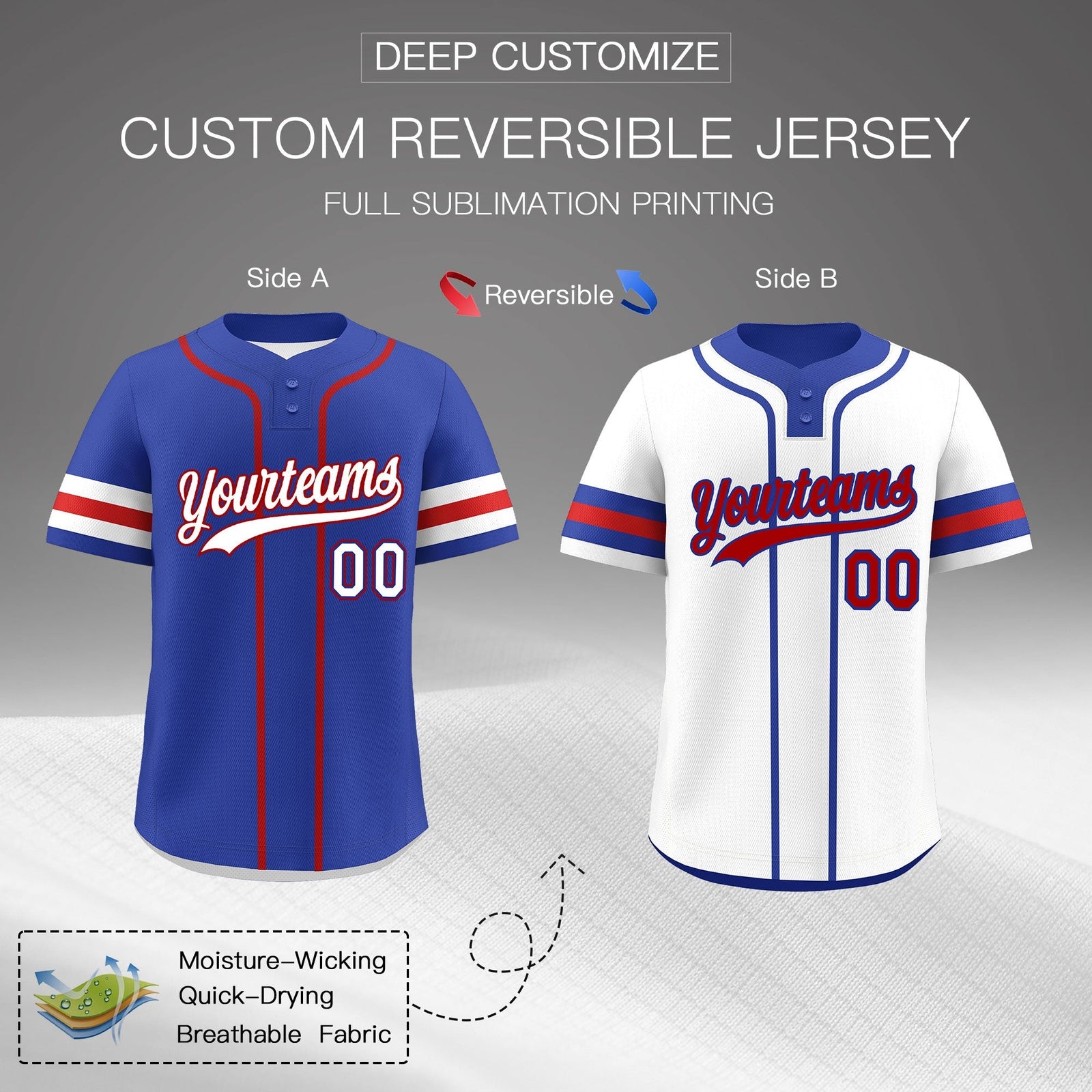 Custom White Red Royal Blue Reversible Classic Style Two-Button Baseball Jersey| KXKSHOP