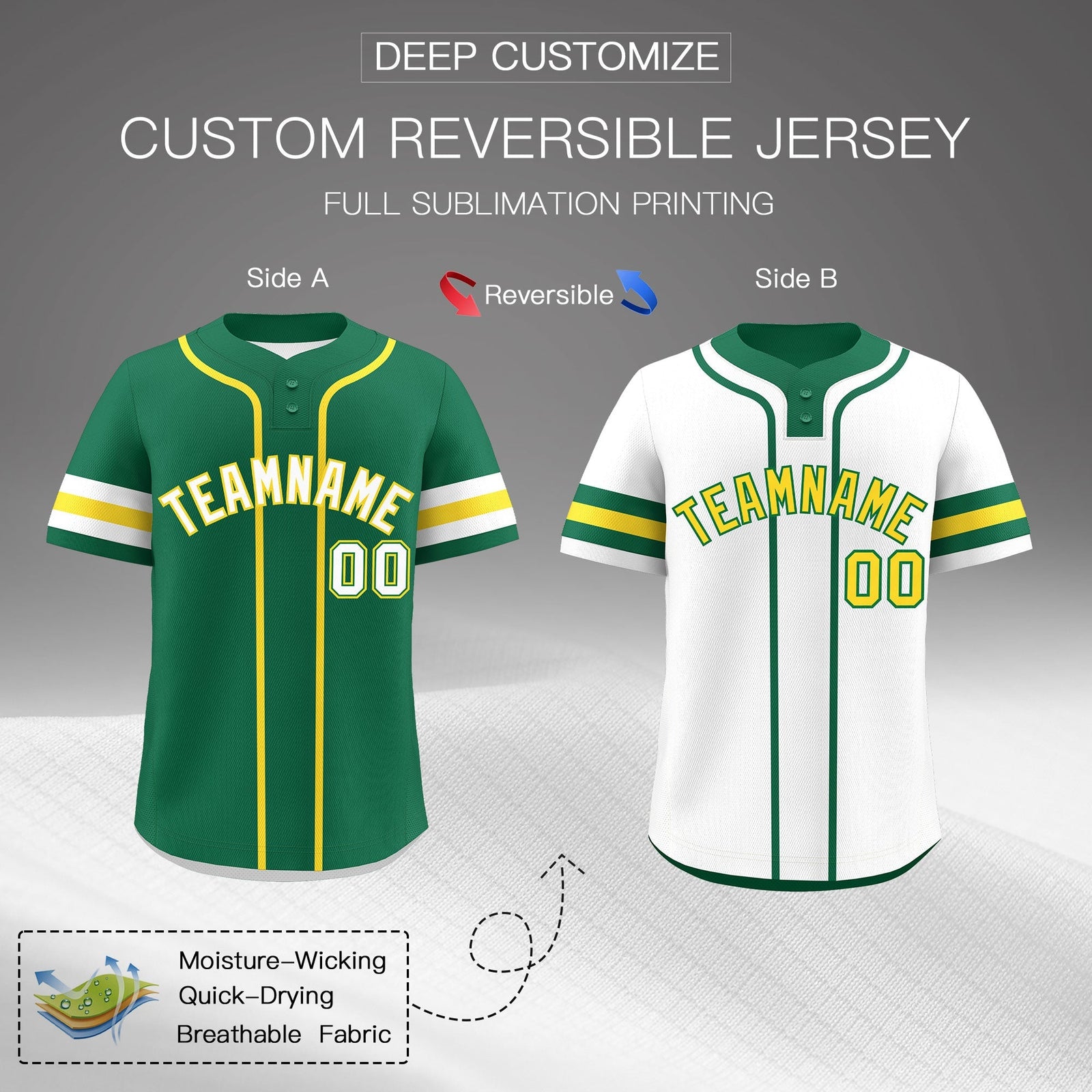 Custom White Gold Kelly Green Reversible Classic Style Two-Button Baseball Jersey| KXKSHOP