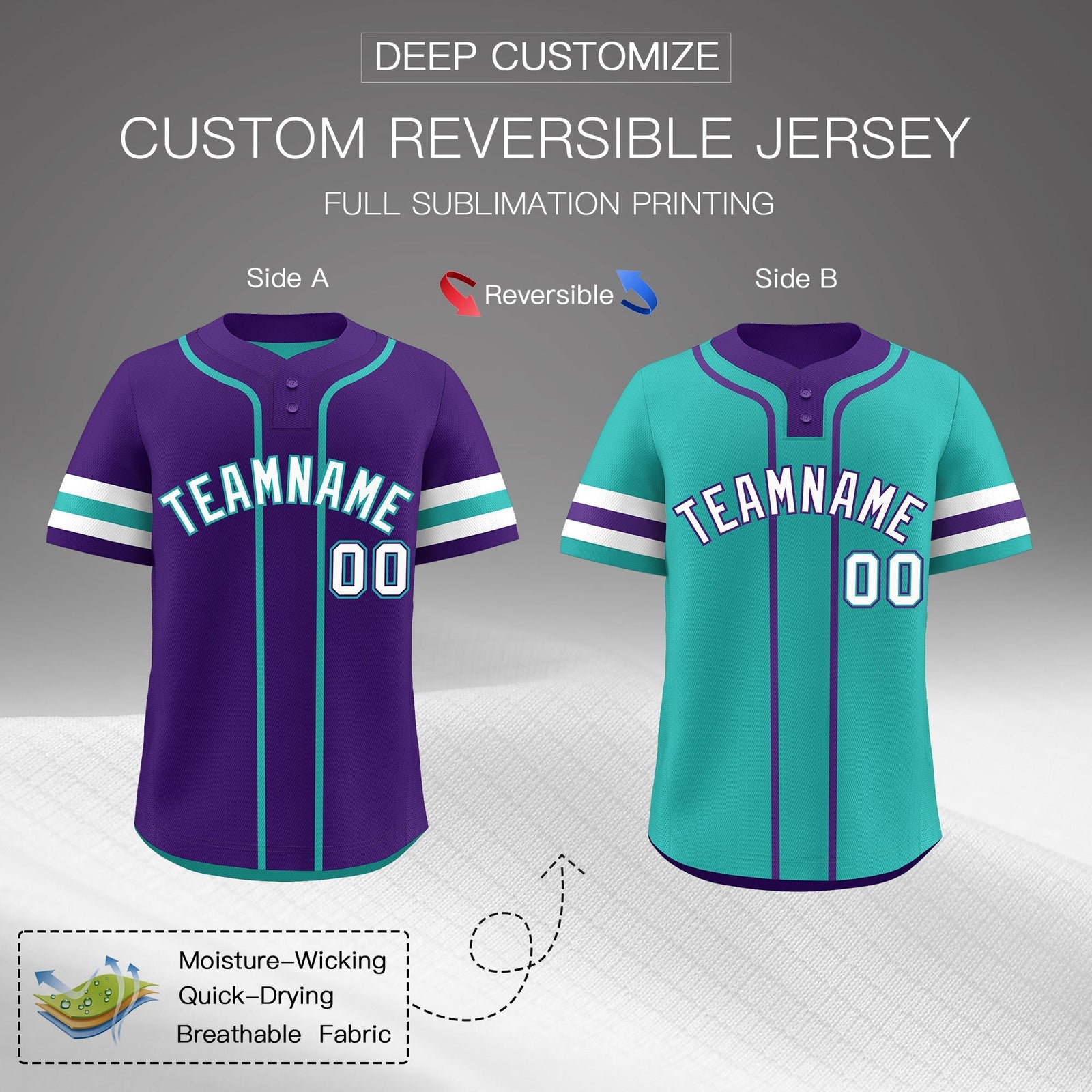 Custom White Aqua Purple Reversible Classic Style Two-Button Baseball Jersey| KXKSHOP