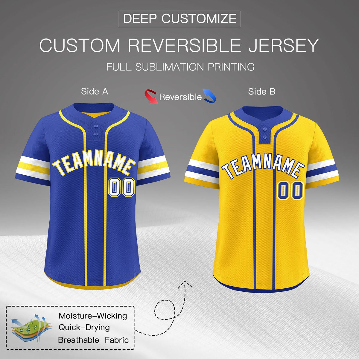 Custom White Gold Royal Blue Reversible Classic Style Two-Button Baseball Jersey| KXKSHOP
